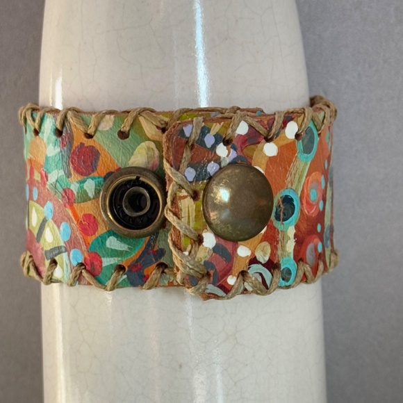 HANDMADE ARTISAN Bracelet Heart Painted Colorful Leather Adjustable Bohemian - Picture 2 of 9